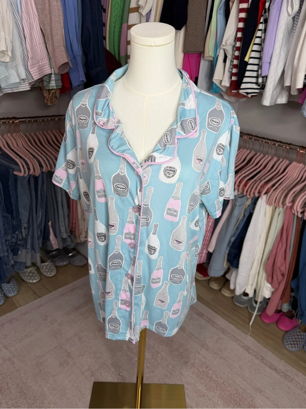munki munki Light Blue and Pink Champagne Bottle Pajama Set